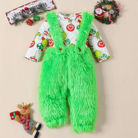 Grinch Who Stole Christmas Baby Boy Fur Overalls Outfit Set - Picture 2 of 6